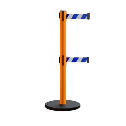 Retractable Belt Barrier Stanchion, Rolling Base, Orange Steel Post, 7.5 ft Dual Belt - Montour Line MSE630D