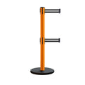 Retractable Belt Barrier Stanchion, Rolling Base, Orange Steel Post, 7.5 ft Dual Belt - Montour Line MSE630D