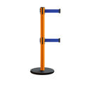 Retractable Belt Barrier Stanchion, Rolling Base, Orange Steel Post, 7.5 ft Dual Belt - Montour Line MSE630D