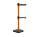 Retractable Belt Barrier Stanchion, Rolling Base, Orange Steel Post, 7.5 ft Dual Belt - Montour Line MSE630D