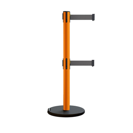 Retractable Belt Barrier Stanchion, Rolling Base, Orange Steel Post, 7.5 ft Dual Belt - Montour Line MSE630D