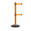 Retractable Belt Barrier Stanchion, Rolling Base, Orange Steel Post, 7.5 ft Dual Belt - Montour Line MSE630D