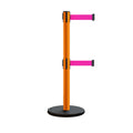 Retractable Belt Barrier Stanchion, Rolling Base, Orange Steel Post, 7.5 ft Dual Belt - Montour Line MSE630D