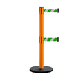 Retractable Belt Barrier Stanchion, Rolling Base, Orange Steel Post, 7.5 ft Dual Belt - Montour Line MSE630D
