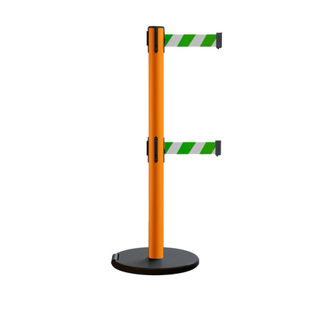 Retractable Belt Barrier Stanchion, Rolling Base, Orange Steel Post, 7.5 ft Dual Belt - Montour Line MSE630D