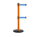Retractable Belt Barrier Stanchion, Rolling Base, Orange Steel Post, 7.5 ft Dual Belt - Montour Line MSE630D