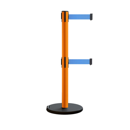 Retractable Belt Barrier Stanchion, Rolling Base, Orange Steel Post, 7.5 ft Dual Belt - Montour Line MSE630D