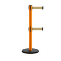 Retractable Belt Barrier Stanchion, Rolling Base, Orange Steel Post, 7.5 ft Dual Belt - Montour Line MSE630D