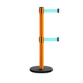 Retractable Belt Barrier Stanchion, Rolling Base, Orange Steel Post, 7.5 ft Dual Belt - Montour Line MSE630D