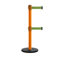 Retractable Belt Barrier Stanchion, Rolling Base, Orange Steel Post, 7.5 ft Dual Belt - Montour Line MSE630D