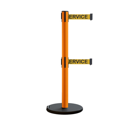 Retractable Belt Barrier Stanchion, Rolling Base, Orange Steel Post, 7.5 ft Dual Belt - Montour Line MSE630D