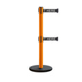 Retractable Belt Barrier Stanchion, Rolling Base, Orange Steel Post, 7.5 ft Dual Belt - Montour Line MSE630D