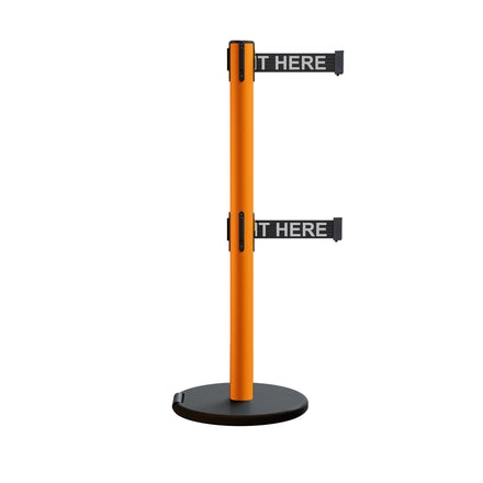 Retractable Belt Barrier Stanchion, Rolling Base, Orange Steel Post, 7.5 ft Dual Belt - Montour Line MSE630D