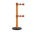 Retractable Belt Barrier Stanchion, Rolling Base, Orange Steel Post, 7.5 ft Dual Belt - Montour Line MSE630D