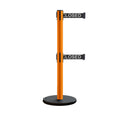 Retractable Belt Barrier Stanchion, Rolling Base, Orange Steel Post, 7.5 ft Dual Belt - Montour Line MSE630D
