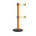 Retractable Belt Barrier Stanchion, Rolling Base, Orange Steel Post, 7.5 ft Dual Belt - Montour Line MSE630D