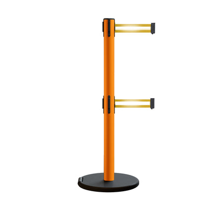 Retractable Belt Barrier Stanchion, Rolling Base, Orange Steel Post, 7.5 ft Dual Belt - Montour Line MSE630D