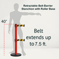 Retractable Belt Barrier Stanchion, Rolling Base, Red Steel Post, 7.5 ft Dual Belt - Montour Line MSE630D