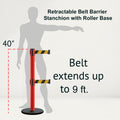 Retractable Belt Barrier Stanchion, Rolling Base, Red Steel Post, 9 ft Dual Belt - Montour Line MSE630D
