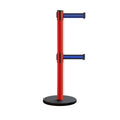 Retractable Belt Barrier Stanchion, Rolling Base, Red Steel Post, 13 ft Dual Belt - Montour Line MSE630D