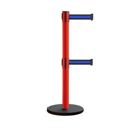 Retractable Belt Barrier Stanchion, Rolling Base, Red Steel Post, 13 ft Dual Belt - Montour Line MSE630D