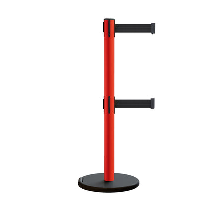 Retractable Belt Barrier Stanchion, Rolling Base, Red Steel Post, 13 ft Dual Belt - Montour Line MSE630D