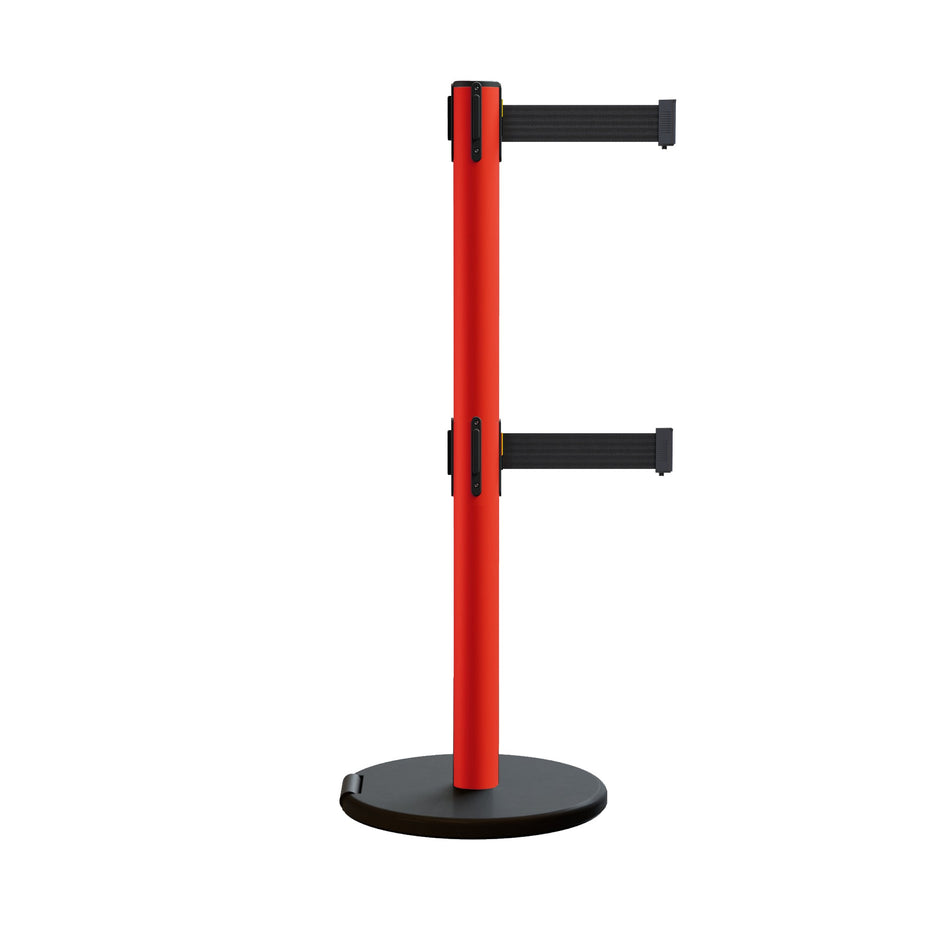 Retractable Belt Barrier Stanchion, Rolling Base, Red Steel Post, 9 ft Belt - Montour Line MSE630D