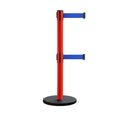 Retractable Belt Barrier Stanchion, Rolling Base, Red Steel Post, 13 ft Dual Belt - Montour Line MSE630D