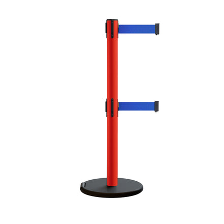 Retractable Belt Barrier Stanchion, Rolling Base, Red Steel Post, 13 ft Dual Belt - Montour Line MSE630D