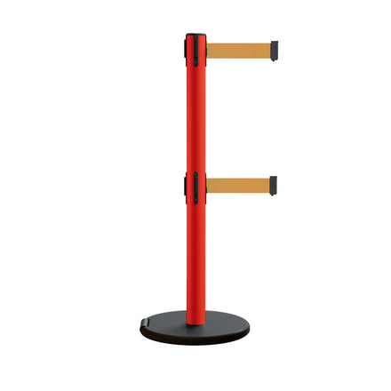 Retractable Belt Barrier Stanchion, Rolling Base, Red Steel Post, 13 ft Dual Belt - Montour Line MSE630D