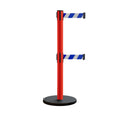 Retractable Belt Barrier Stanchion, Rolling Base, Red Steel Post, 13 ft Dual Belt - Montour Line MSE630D
