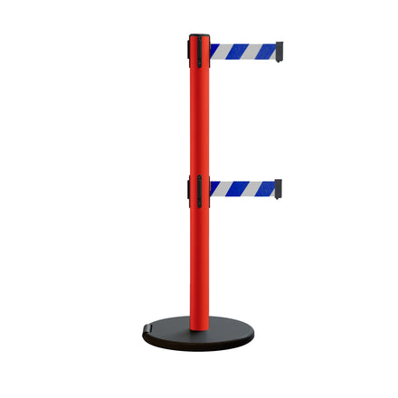 Retractable Belt Barrier Stanchion, Rolling Base, Red Steel Post, 13 ft Dual Belt - Montour Line MSE630D