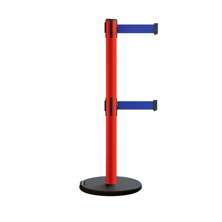 Retractable Belt Barrier Stanchion, Rolling Base, Red Steel Post, 13 ft Dual Belt - Montour Line MSE630D