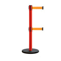 Retractable Belt Barrier Stanchion, Rolling Base, Red Steel Post, 13 ft Dual Belt - Montour Line MSE630D
