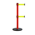 Retractable Belt Barrier Stanchion, Rolling Base, Red Steel Post, 13 ft Dual Belt - Montour Line MSE630D