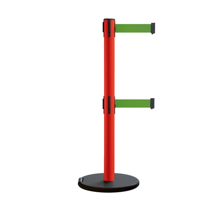 Retractable Belt Barrier Stanchion, Rolling Base, Red Steel Post, 13 ft Dual Belt - Montour Line MSE630D