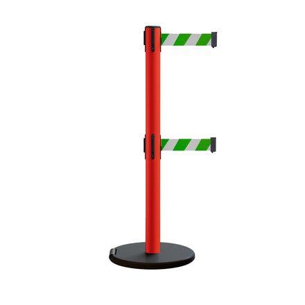 Retractable Belt Barrier Stanchion, Rolling Base, Red Steel Post, 13 ft Dual Belt - Montour Line MSE630D