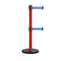 Retractable Belt Barrier Stanchion, Rolling Base, Red Steel Post, 13 ft Dual Belt - Montour Line MSE630D