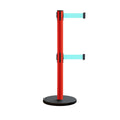 Retractable Belt Barrier Stanchion, Rolling Base, Red Steel Post, 13 ft Dual Belt - Montour Line MSE630D