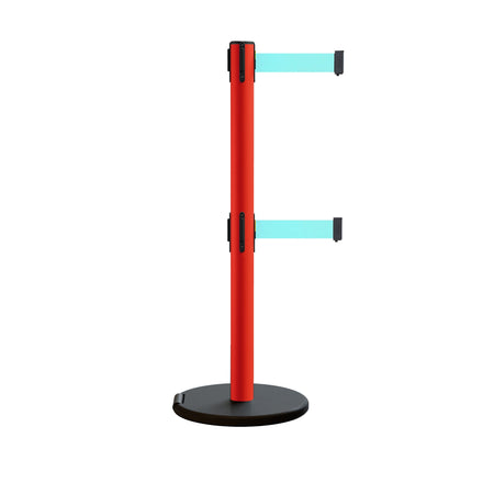Retractable Belt Barrier Stanchion, Rolling Base, Red Steel Post, 13 ft Dual Belt - Montour Line MSE630D