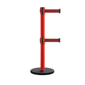Retractable Belt Barrier Stanchion, Rolling Base, Red Steel Post, 13 ft Dual Belt - Montour Line MSE630D
