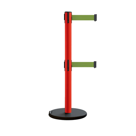 Retractable Belt Barrier Stanchion, Rolling Base, Red Steel Post, 7.5 ft Dual Belt - Montour Line MSE630D