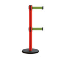 Retractable Belt Barrier Stanchion, Rolling Base, Red Steel Post, 13 ft Dual Belt - Montour Line MSE630D