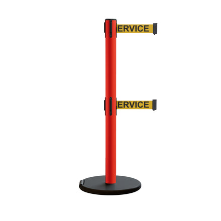 Retractable Belt Barrier Stanchion, Rolling Base, Red Steel Post, 9 ft Dual Belt - Montour Line MSE630D