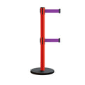 Retractable Belt Barrier Stanchion, Rolling Base, Red Steel Post, 13 ft Dual Belt - Montour Line MSE630D