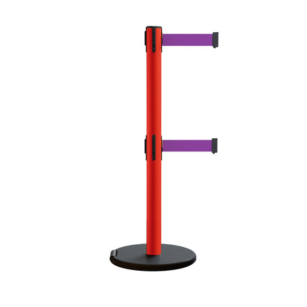 Retractable Belt Barrier Stanchion, Rolling Base, Red Steel Post, 13 ft Dual Belt - Montour Line MSE630D