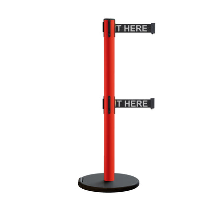 Retractable Belt Barrier Stanchion, Rolling Base, Red Steel Post, 13 ft Dual Belt - Montour Line MSE630D