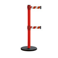 Retractable Belt Barrier Stanchion, Rolling Base, Red Steel Post, 13 ft Dual Belt - Montour Line MSE630D