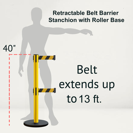 Retractable Belt Barrier Stanchion, Rolling Base, Yellow Steel Post, 13 ft Dual Belt - Montour Line MSE630D