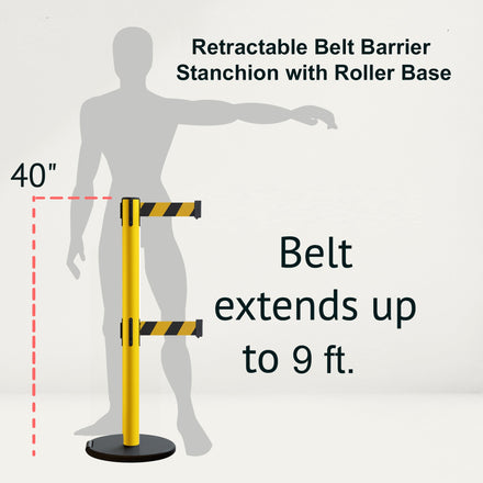 Retractable Belt Barrier Stanchion, Rolling Base, Yellow Steel Post, 9 ft Dual Belt - Montour Line MSE630D